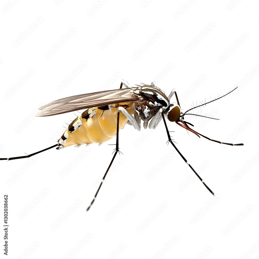 Poster close-up of a mosquito with intricate details highlighting its body structure and wings against a br