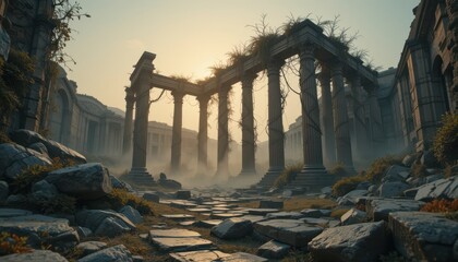 Ancient Ruins Overgrown with Nature at Sunrise Mystical Stone Pathway through Historical Greek Columns and Pillars