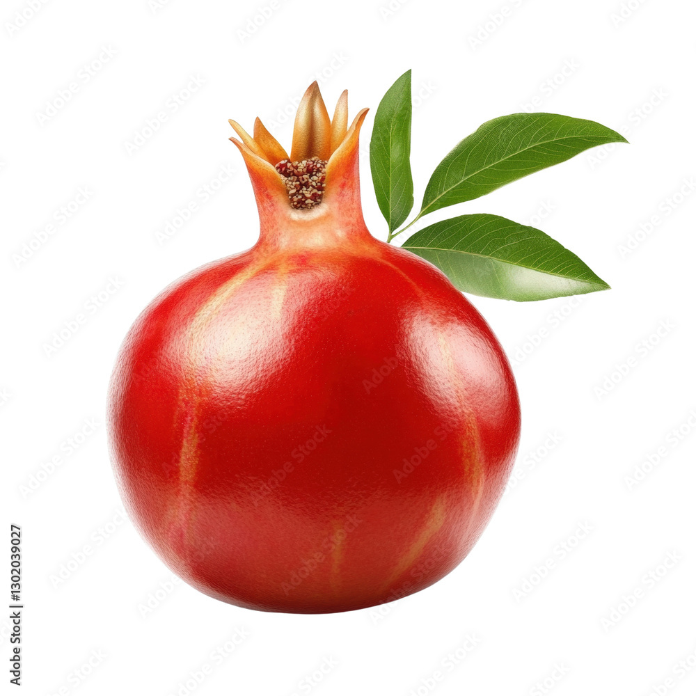 Poster fresh red pomegranate with a green leaf resting on a textured surface capturing nature's vibrant bea