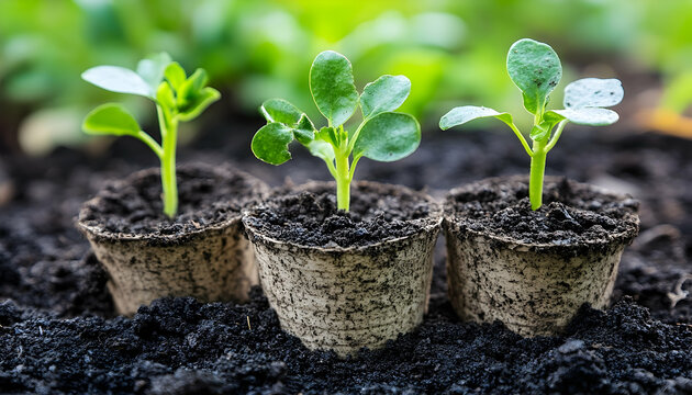 Planting seedlings in biodegradable pots outdoors - Powered by Adobe