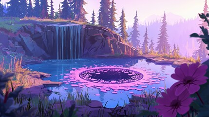 Pixel Art Fantasy Lake Scene with Waterfall and Purple Flowers