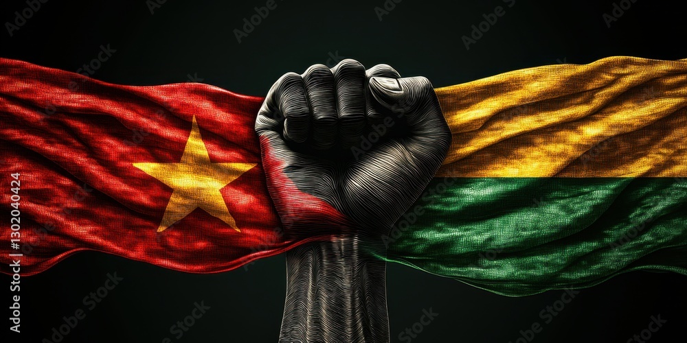 Poster symbol of unity: a raised fist gloriously embraced by national flags representing cameroon and ghana