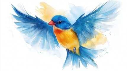 Obraz premium A vibrant watercolor of a blue-and-yellow bird spreads its vivid blue wings, gazing right, with a striking blue head and glowing yellow body