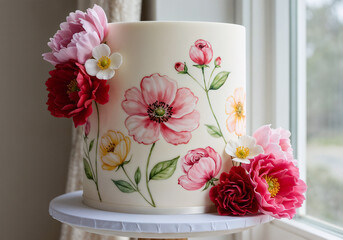 Elegant Cylindrical Wedding Cake with Hand-painted Watercolor and Sugar Flowers