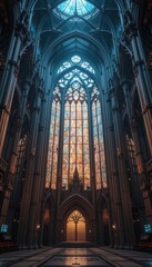 Majestic Gothic Cathedral Interior with Stained Glass Window and Archways A stunning architectural masterpiece