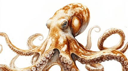 Obraz premium A meticulously detailed watercolor illustrates an octopus, capturing its lifelike head and tentacles with intricate precision