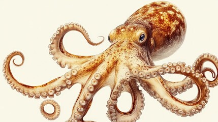 Obraz premium A captivating illustration showcases an octopus's head and tentacles in stunning detail, rendered realistically. Intricate patterns and vibrant hues highlight each symmetrical tentacle