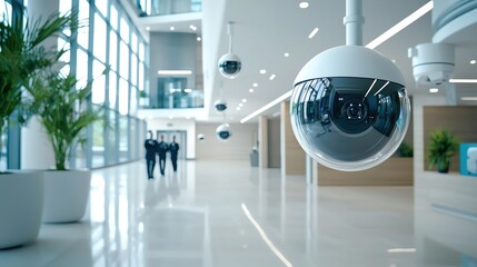 A wide shot of a bank lobby with discreet security personnel and strategically placed surveillance cameras