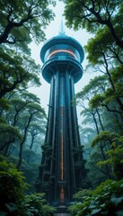 Futuristic Tower in Lush Green Forest Modern Architecture Design Tall Structure Nature Scene