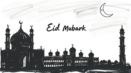 Obraz premium Eid Mubarak Hand-Drawn Sketch – Black and White Islamic Festival Illustration, Minimalist Eid Mubarak Greeting Card, Elegant Eid Mubarak Calligraphy with Mosque