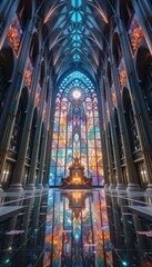 Majestic Cathedral Interior with Vibrant Stained Glass Window and Reflective Floor