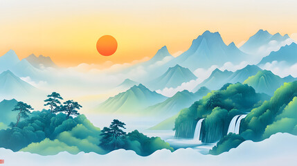 Ink style artistic conception landscape painting, Chinese style freehand artistic conception landscape painting background