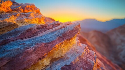Obraz premium A mesmerizing close-up of layered rocks exuding vivid oranges and yellows, with dark hues dominating the upper strata—nature's abstract art captured in stone