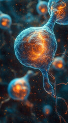 Close-up of blue exosome particles within transparent spheres, symbolizing cutting-edge biotechnology in cosmetology and trichology, with blurred light tones representing scientific chaos and innovati