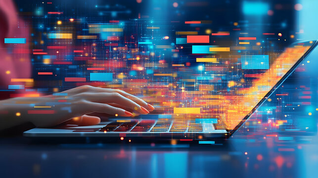 Hands typing on laptop, coding interface, futuristic background - Powered by Adobe