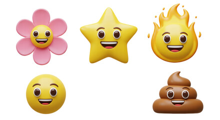 Set Icon Smile Emoji. Realistic Yellow Glossy 3d Emotions face Joyful poop, smile sun, lucky flower, fire, star.