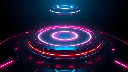 Obraz premium Blue neon car lights with digital music disk in abstract technology style