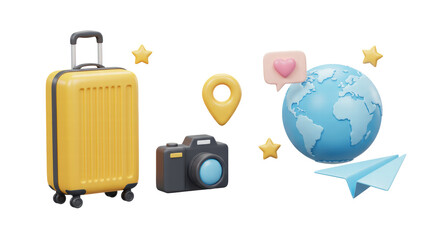 3D Time to travel concept. Summer journey emoji set. Yellow suitcase, camera with photo, pin location, earth planet and paper airplane. Cartoon design icons isolated on white background. 3D Rendering