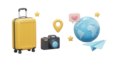 3D Time to travel concept. Summer journey emoji set. Yellow suitcase, camera with photo, pin location, earth planet and paper airplane. Cartoon design icons isolated on white background. 3D Rendering