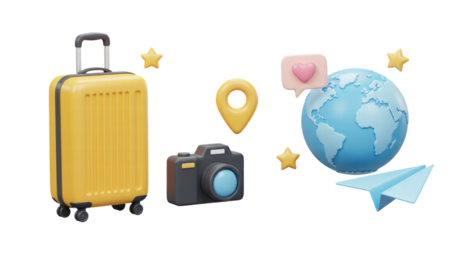 3D Time to travel concept. Summer journey emoji set. Yellow suitcase, camera with photo, pin location, earth planet and paper airplane. Cartoon design icons isolated on white background. 3D Rendering