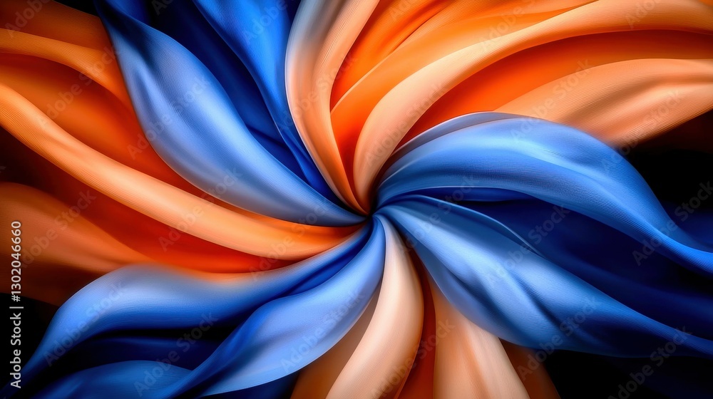 Poster dynamic swirl of blue and orange soft fabric spiraling abstract design generative art