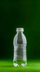 Transparent Water Bottle Stands Tall Against Green Background Clean Refreshment Plastic Container Hydration