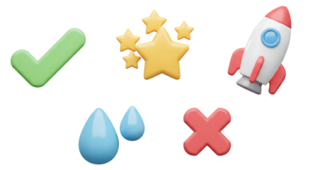 Set Icon Emoji, green tick, yellow stars, space rocket, blue water drops, red cross and x. Realistic Glossy 3d Emotions.