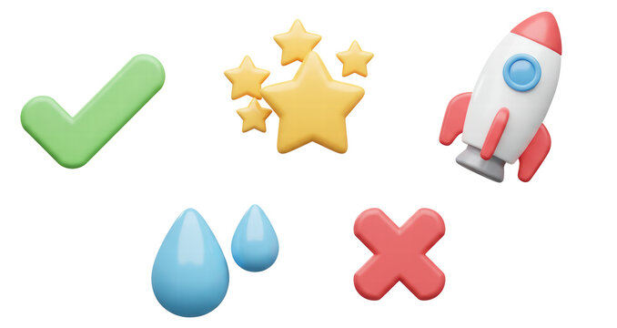 Set Icon Emoji, green tick, yellow stars, space rocket, blue water drops, red cross and x. Realistic Glossy 3d Emotions.