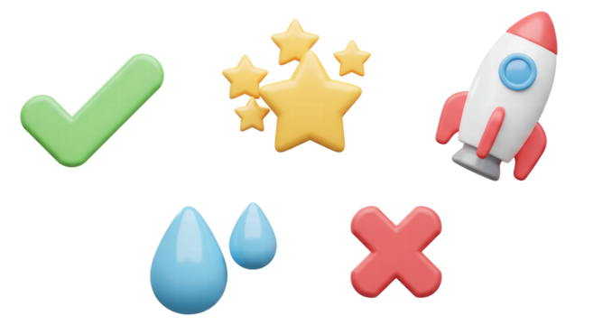 Set Icon Emoji, green tick, yellow stars, space rocket, blue water drops, red cross and x. Realistic Glossy 3d Emotions.