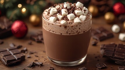 Hot chocolate with marshmallows, festive Christmas background, drink, indulgence