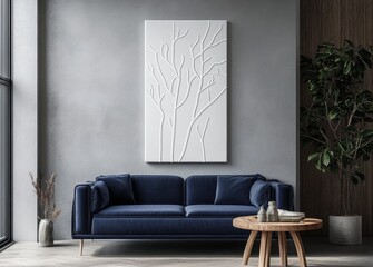 A simple yet elegant white vertical canvas with an outline of minimalist tree branches, displayed on the wall above a dark blue sofa in a Scandinavian-style living room