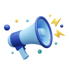 3D Blue megaphone and flash lightnings. Special offer. Social media promotion. Marketing time concept. Loudspeaker or speaker object. Realistic design emoji icon.