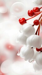 Delicate White Bell Flowers with Red Berries Close Up in Soft Bokeh Background Detailed Floral Art