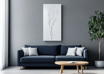 A simple yet elegant white vertical canvas with an outline of minimalist tree branches, displayed on the wall above a dark blue sofa in a Scandinavian-style living room