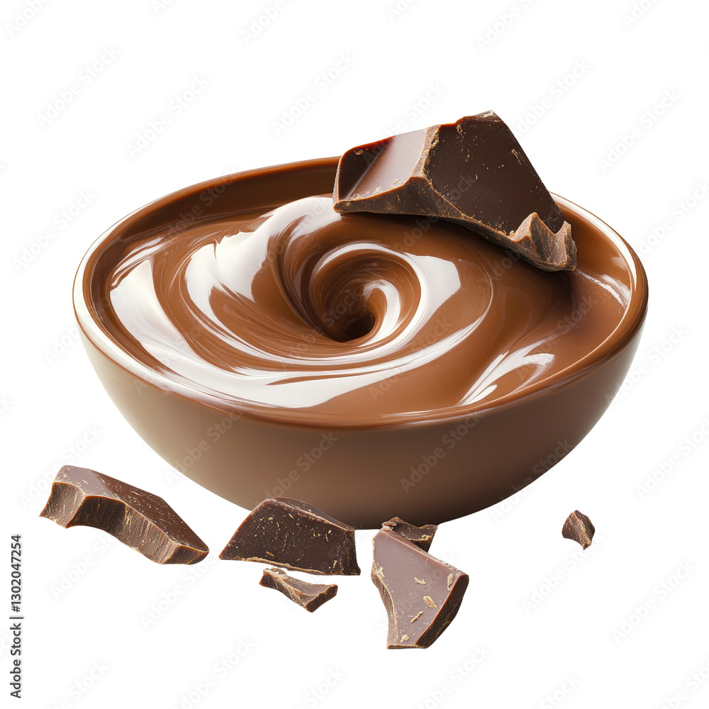 Poster rich, dark chocolate pieces piled high in a rustic bowl surrounded by cocoa dust creating a decadent