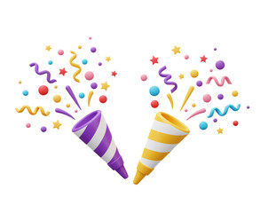 3d icon party popper. Cartoon emoji of birthday confetti explosion.