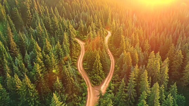 A winding dirt road splits into two paths, weaving through a dense evergreen forest. The aerial perspective highlights the lush greenery and the sense of mystery and adventure, evoking themes 