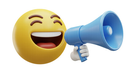 Emoji holding loudspeaker isolated on white background, emoticon holding megaphone 3d rendering
