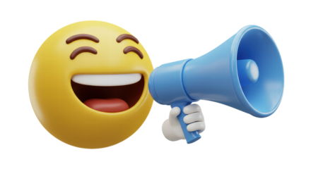 Emoji holding loudspeaker isolated on white background, emoticon holding megaphone 3d rendering