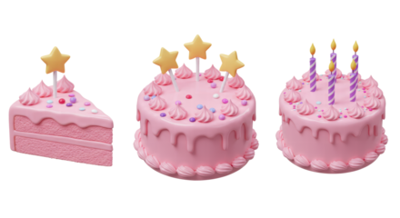 3D Birthday cake icon set with candles and decorations. Pink cake emoji. Party surprise. Holiday food. Pastel color. Cartoon creative design icons isolated on white background. 3D Rendering