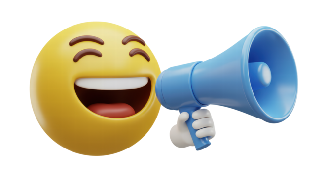 Emoji holding loudspeaker isolated on white background, emoticon holding megaphone 3d rendering