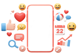 phone with emoji, comment, love, like and play icons. 3d render illustration