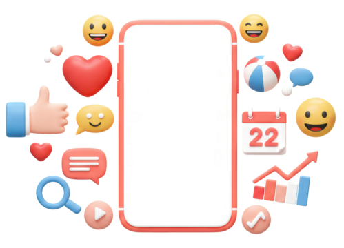 phone with emoji, comment, love, like and play icons. 3d render illustration