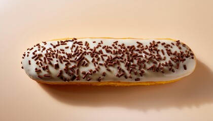 Long John Vanilla Donut with Chocolate Sprinkles on Cream Background Isolated