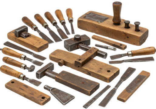 Collection Of Rustic Woodworking Tools On A Transparent Background. Description. A collection of