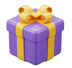 3D gift box icon. Purple gift box with ribbon and bow. Holiday present concept. Loyalty program reward. Cartoon holiday gifts. Cartoon style design 3D icon isolated on white background. 3D rendering.