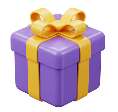 3D gift box icon. Purple gift box with ribbon and bow. Holiday present concept. Loyalty program reward. Cartoon holiday gifts. Cartoon style design 3D icon isolated on white background. 3D rendering.