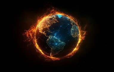Glowing digital Earth with interconnected energy lines, highlighting global connectivity and environmental impact, vibrant colors, futuristic design