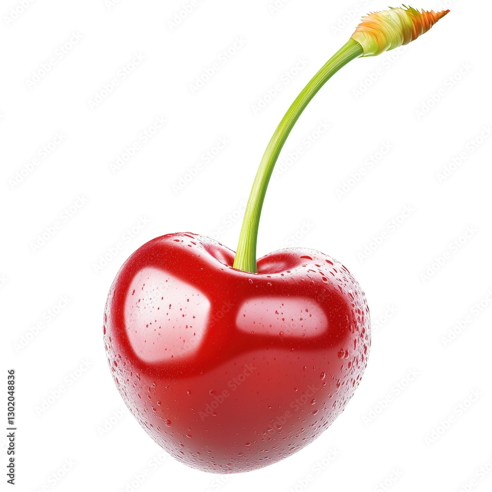 Poster fresh red cherry with a green stem glimmering in the sunlight against a soft focus background of gre