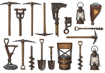 Collection Of Vintage Mining Tools And Lanterns On A Transparent Backgrounds and Accessories